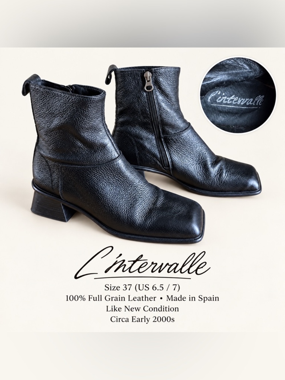 L’Intervalle Black Leather Square Toe Ankle Boots – Size 37 (US 6.5/7)